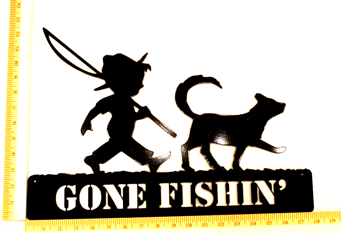 *NEW* Large 14ga. "GONE FISHING" Boy & Dog 18" x 12" Black Metal Wall Art Decor
