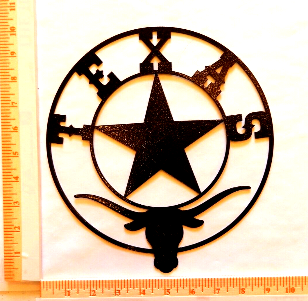 ~NEW~ 14ga. - "TEXAS STAR LONGHORN" Black Powder Coated Metal Wall Art -10"