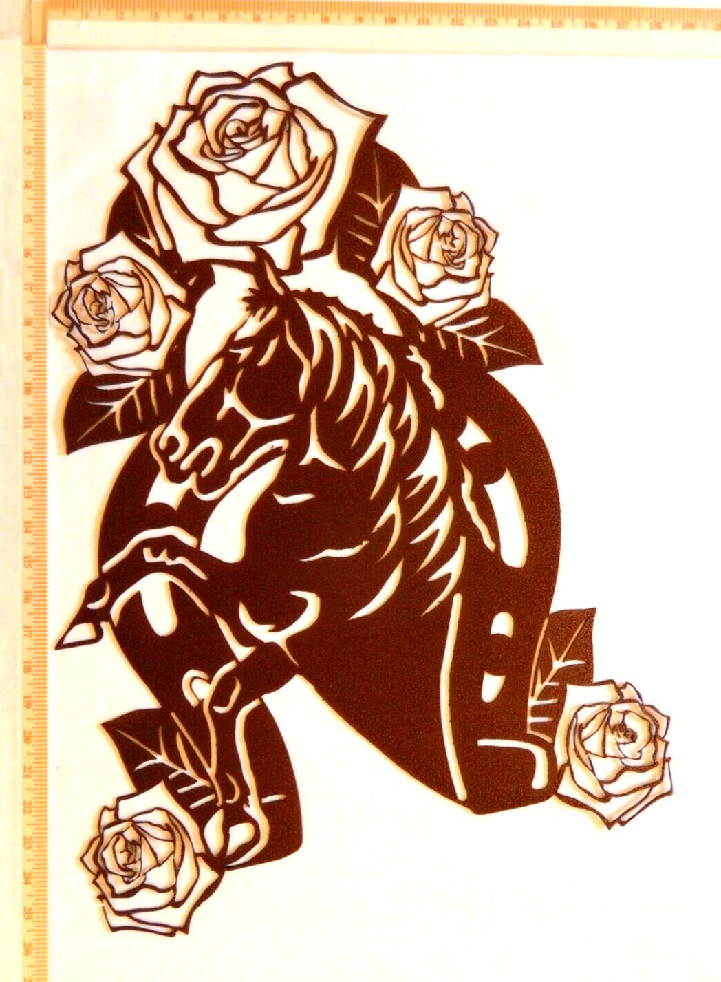 ~NEW~ LARGE - 14 ga "HORSE with ROSES" Copper Brown Metal Wall Art 25" x 18"