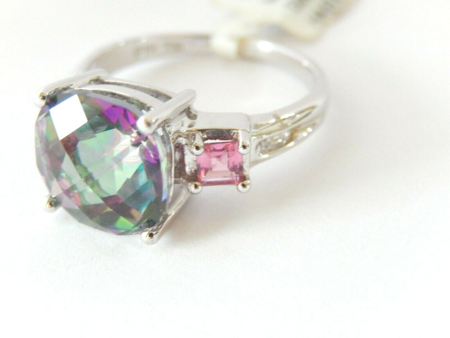 *NWT* Gorgeous 10K WHITE GOLD 5CT Fancy Cushion Cut Mystic Topaz Ring Size 7.75