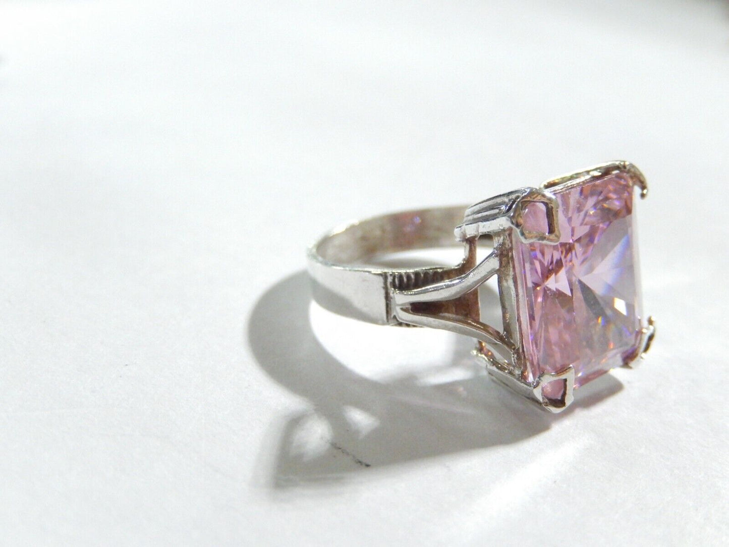 *VINTAGE* Sterling Silver CZ Pink 12.0CT Emerald Cut Cocktail Ring Size 8