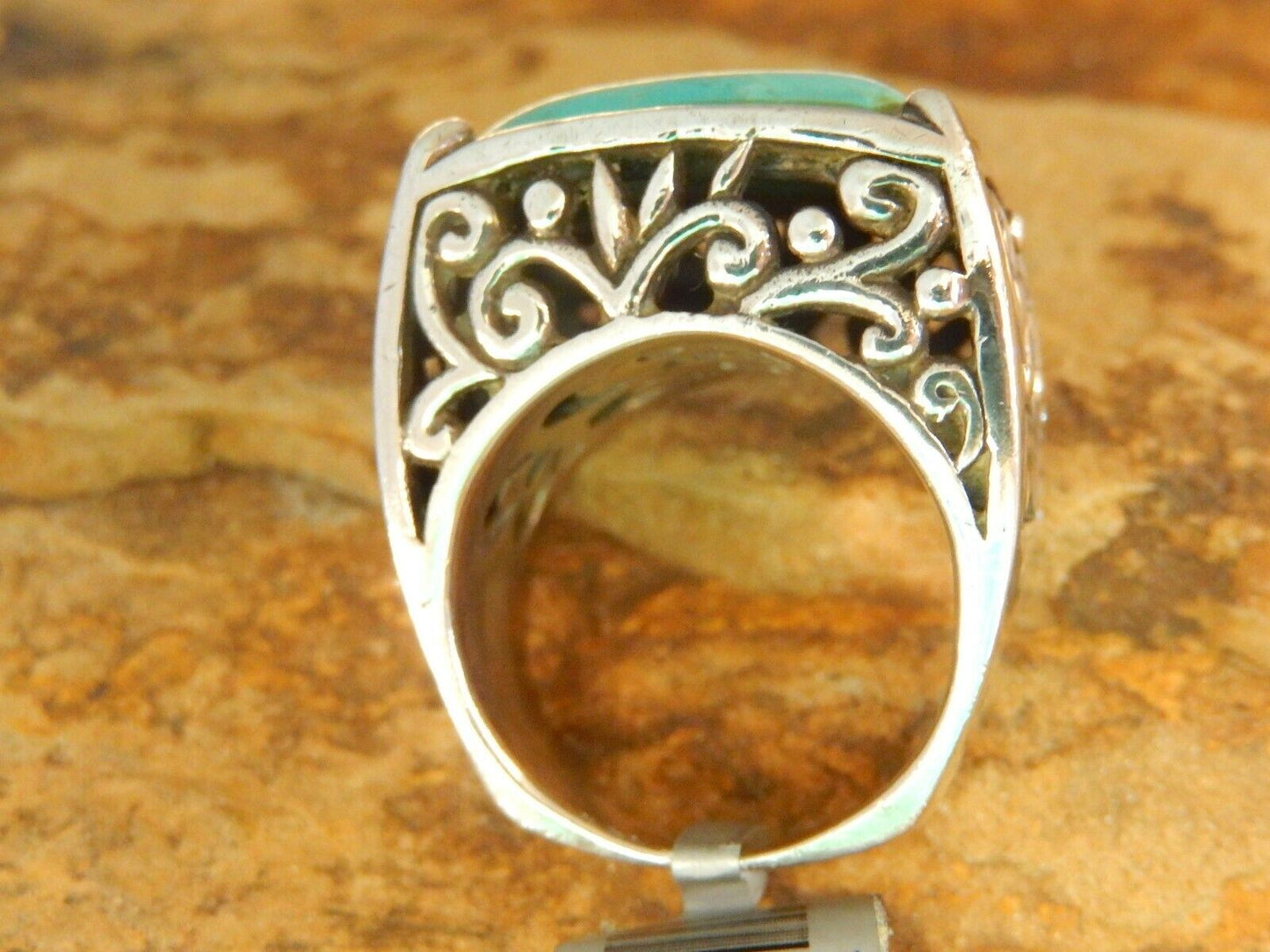 *BARSE* Large Sterling Silver Turquoise Barse Scroll 16g Ring Size 7