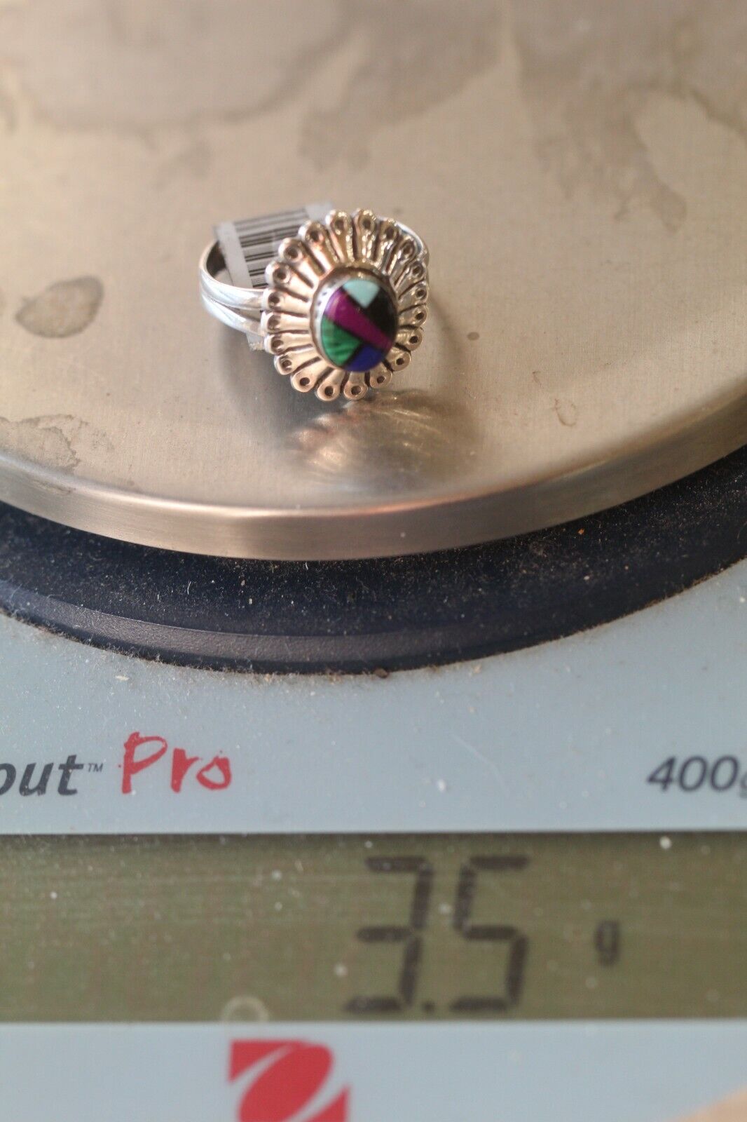 *VINTAGE* Native American Zuni Sterling Silver Inlay Gemstone Ring Size 9.5