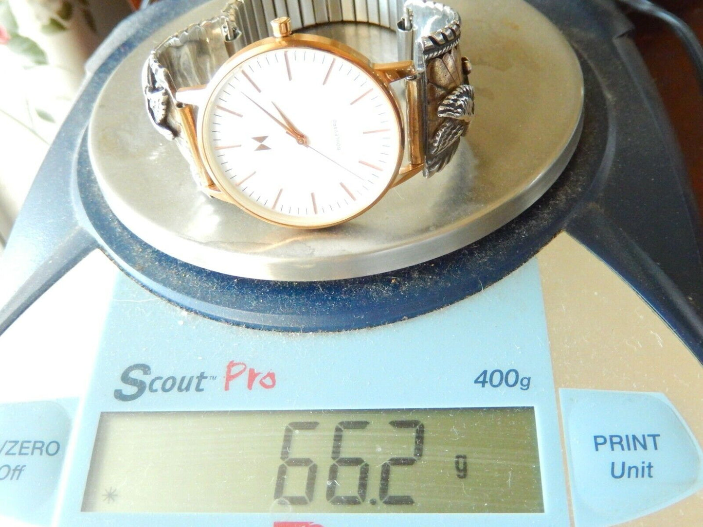 Signed Navajo 14K Gold Sterling Silver Men's Watch Band w/ MVMT Quartz Watch