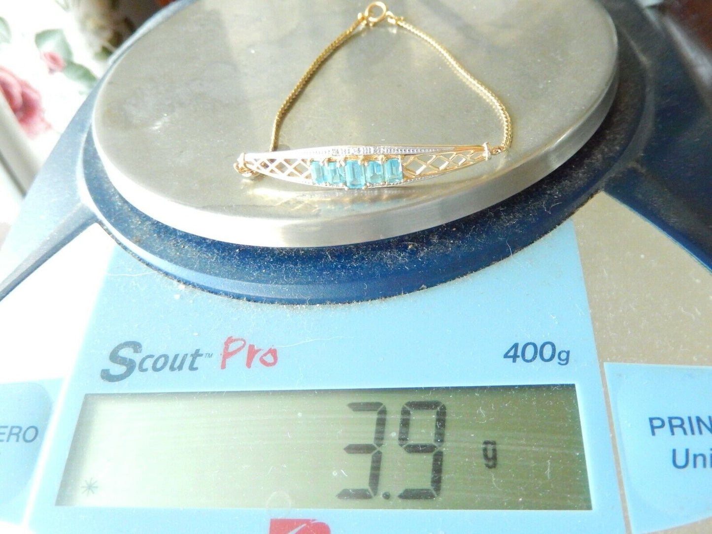 *VINTAGE* 14K Yellow Gold Blue 1.00 CT Topaz & Diamond Bracelet 7.25