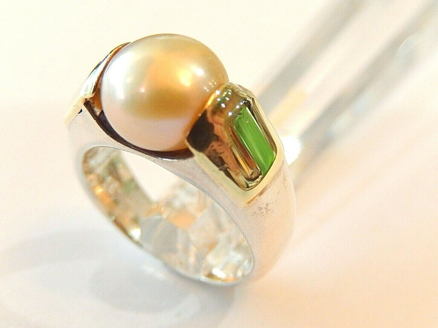 *VINTAGE* 18k Yellow Gold-Sterling Silver 8.5mm Cream Pearl Solitaire Ring 5.5