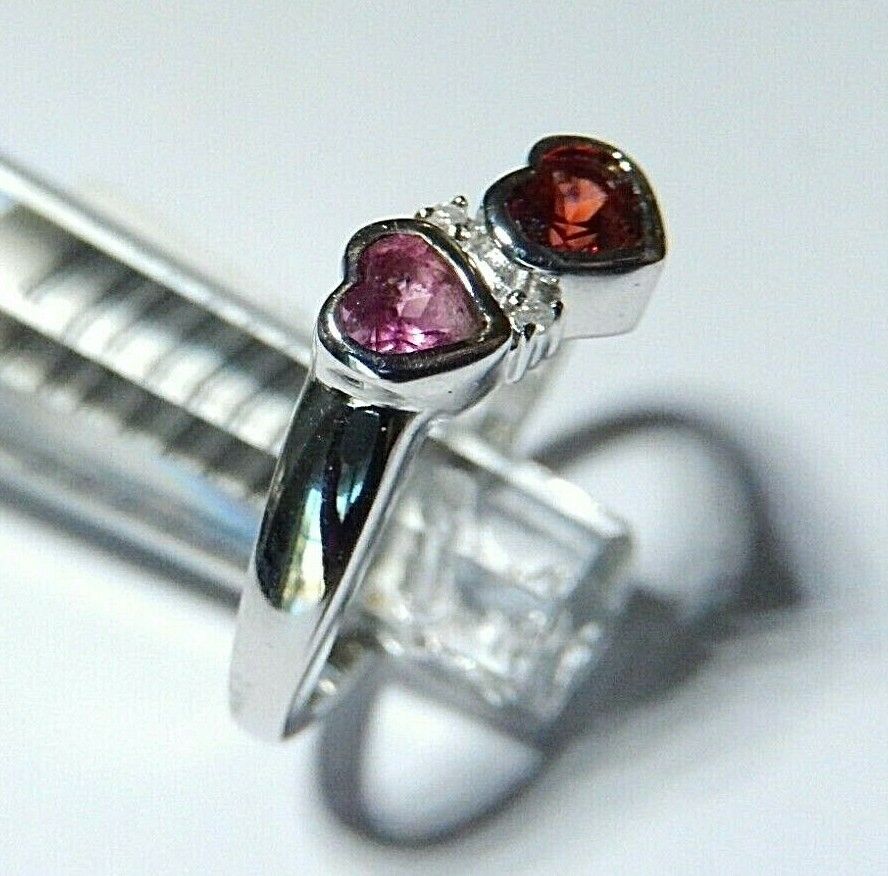 14K White Gold 4mm Heart Shape Amethyst and Garnet with Two Diamonds Sz 7.75