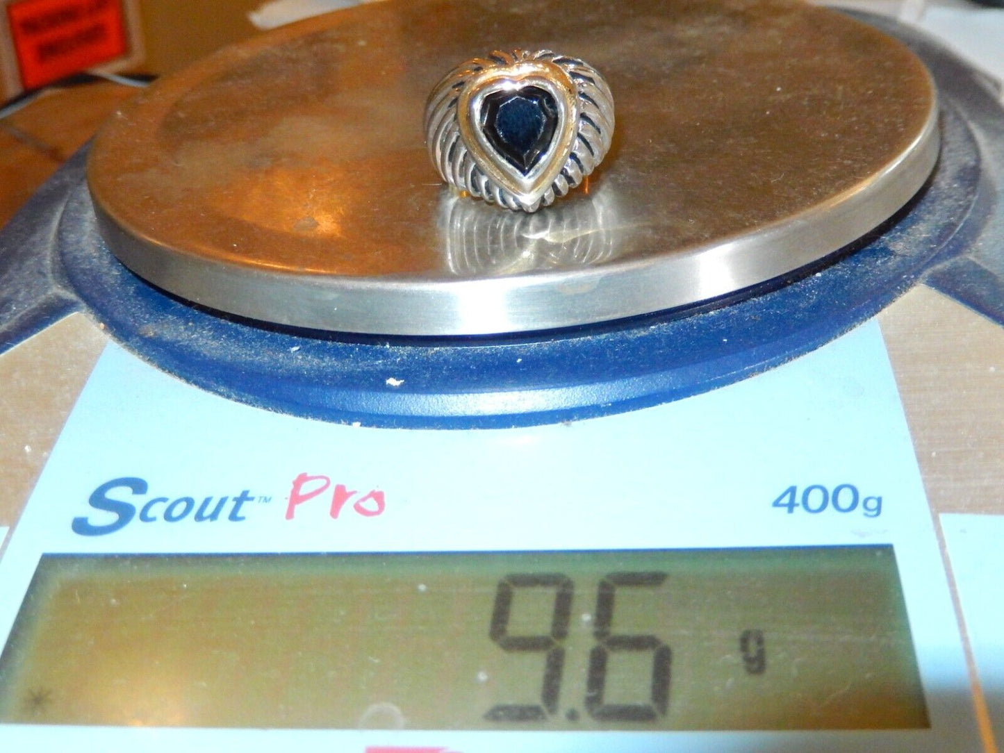 *VINTAGE* Designer Style Heart Shape Silver & Gold Tone Black Stone Ring Sz 8