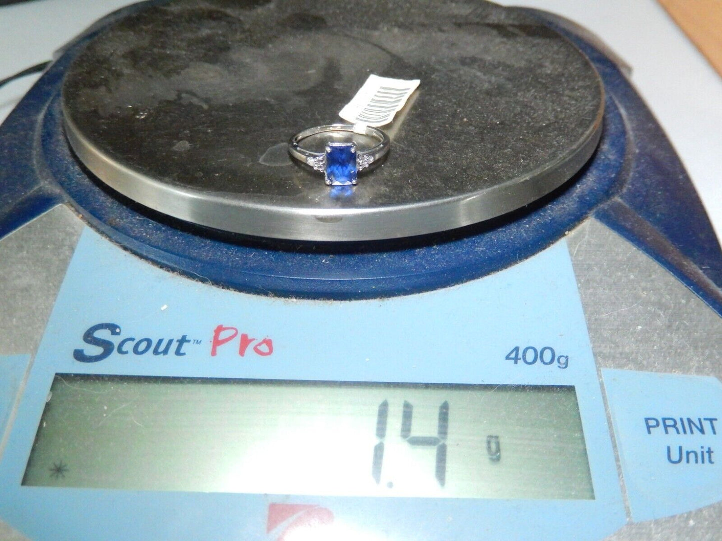 *VINTAGE* 10k White Gold Lab Created Checkerboard Cut Sapphire &Diamond Ring 5.5