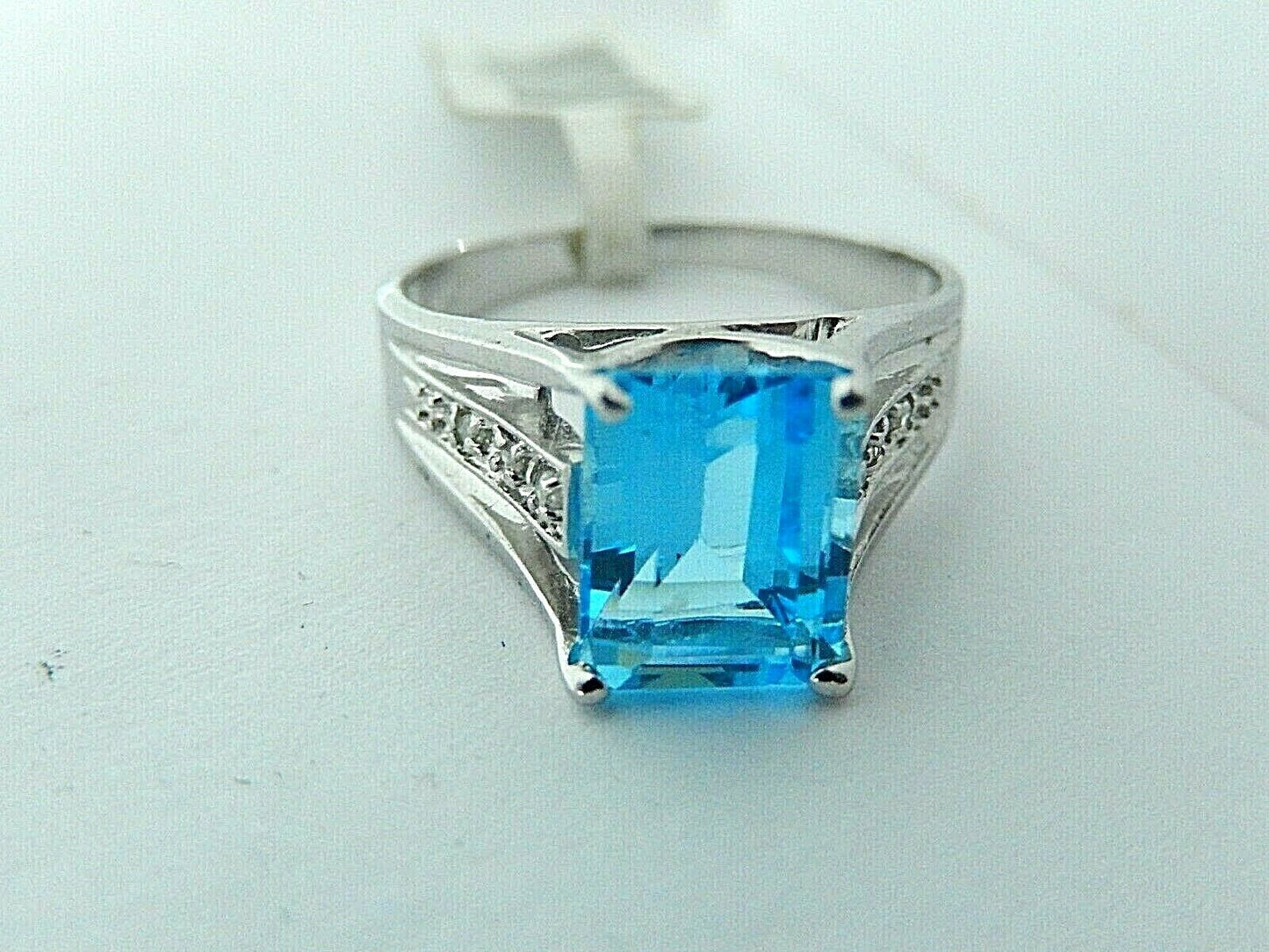 10K White Gold Emerald Cut London Blue Topaz with Diamond Accent Sz 7.5