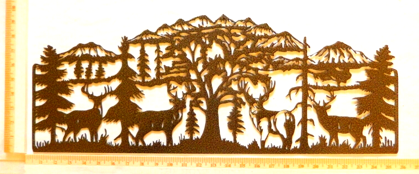 ~NEW~ LARGE 14ga. - " DEER FORREST & MOUNTAINS SCENE" Metal Wall Art - 25" x 10"