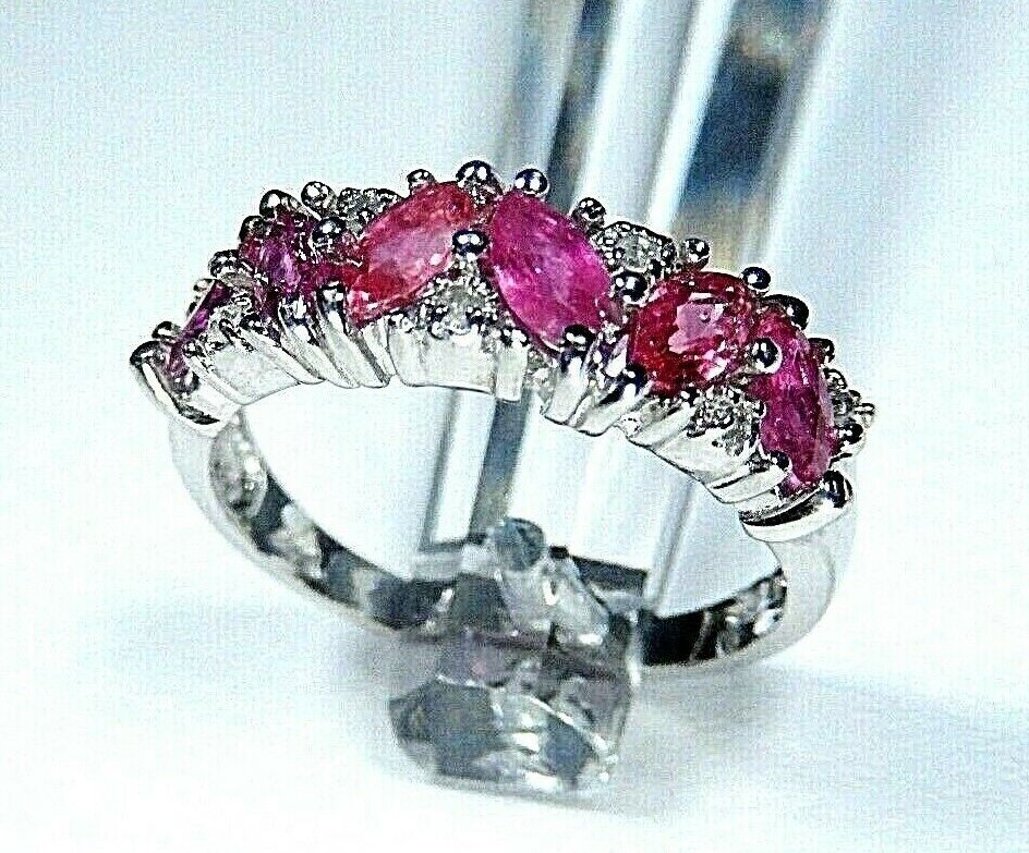 "NEW" 14K WHITE GOLD 1CT MARQUISE NATURAL RUBY AND DIAMOND BAND RING SIZE 8.25
