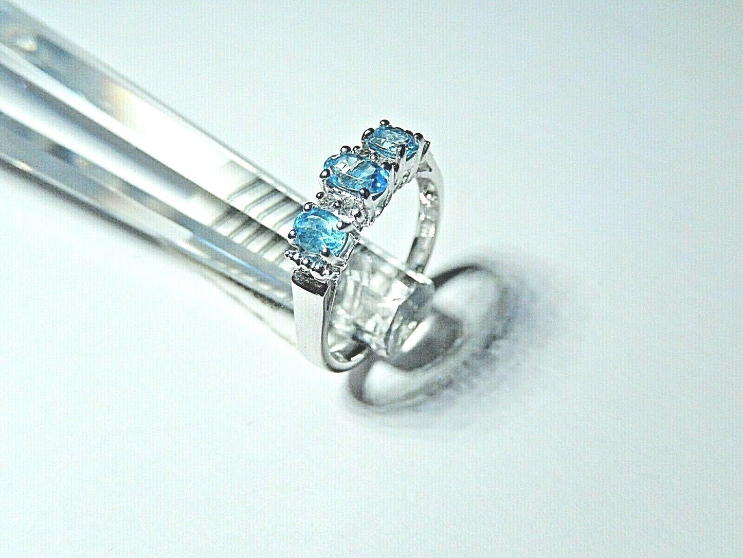 *NWT* Solid 10k White Gold 3 Stone Blue Topaz & Diamond Ring Size 5.5