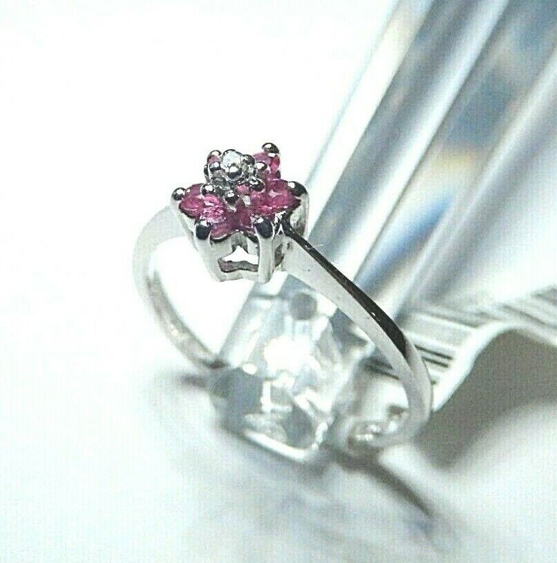 10K White Gold Natural Ruby & Diamond Cluster Ring Size 6.25