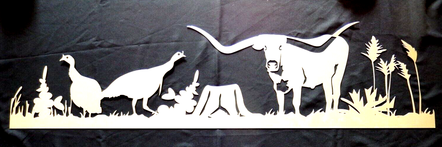 ~NEW~ LARGE "Longhorn Steer Prairie Scene" Silver Metal Wall Art - 47" x 11.75"