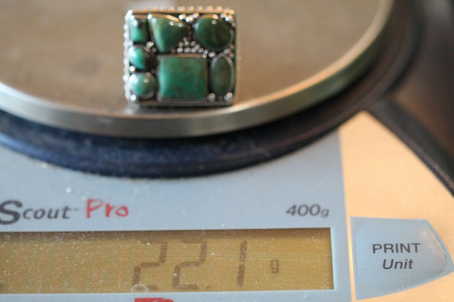 *VINTAGE* Native American HUGE Sterling Silver Green Turquoise Ring Size 6.5