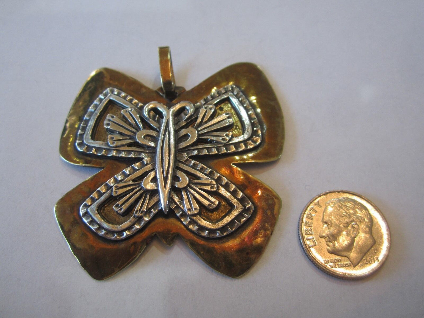 Jeep Collins Retired Sterling Brass Huge Hammered Butterfly Pendant 2-1/4"Long