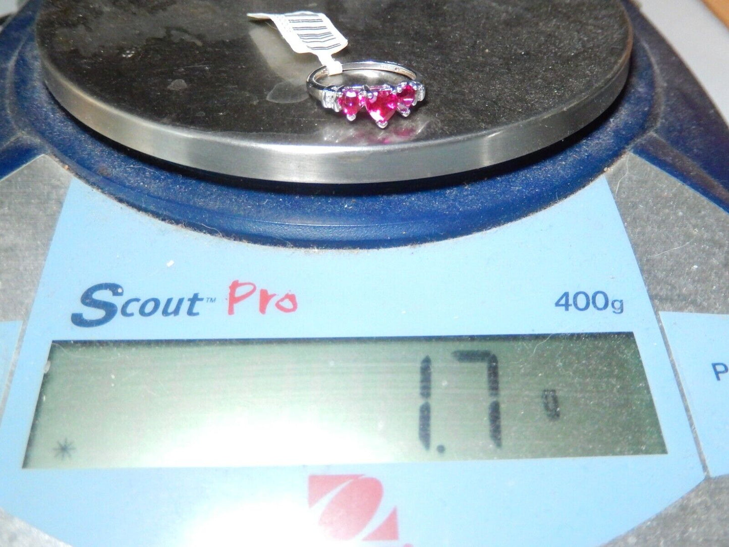 *NWT* 10k White Gold Three Stone Heart Lab Created Ruby & Diamonds Ring Sz 6.25