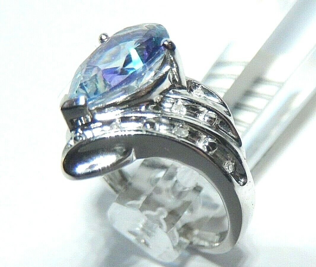 *NWT* 10K White Gold 2CT Pear Shape Mystic Topaz & Diamond Ring Size 3.25