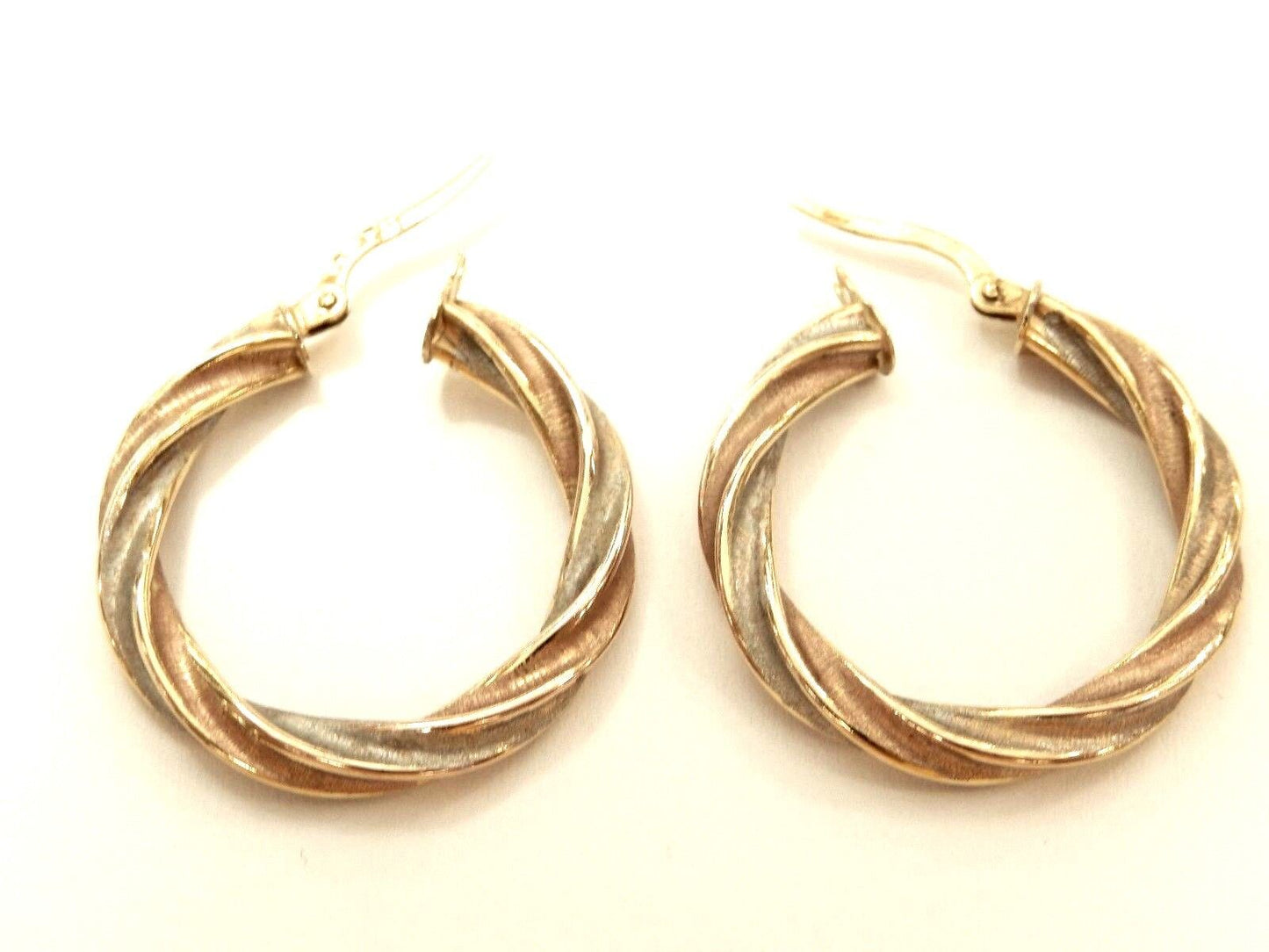 14k Tri Gold Hoop Twisted Earrings Round Yellow-Rose-White 27mm - 2.83gms