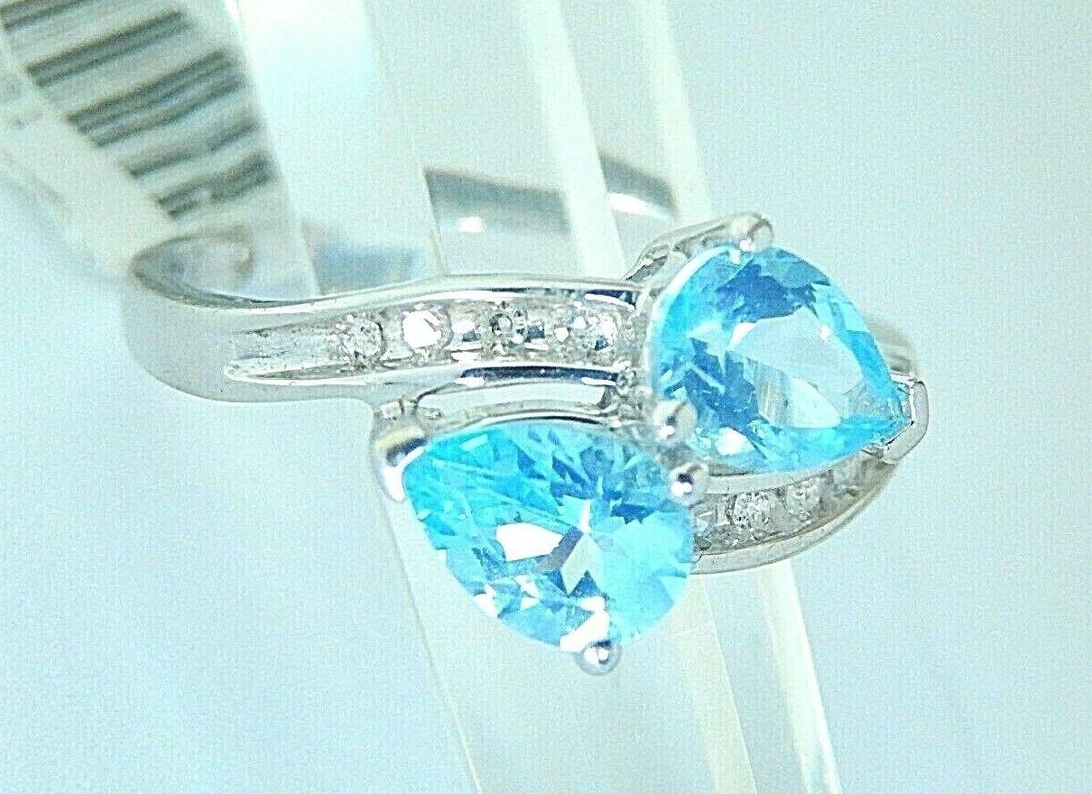 10K White Gold "FOREVER US" Two Stone Blue Topaz and Diamond Ring Size 8.5