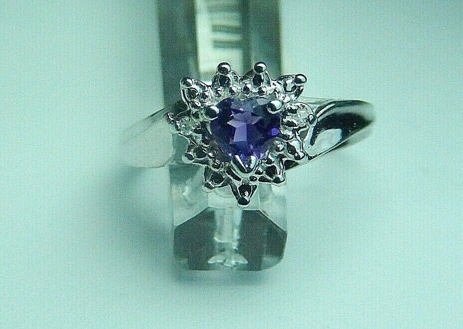 10K White Gold Heart Shape Amethyst & Diamonds Halo Ring Sz 6.5