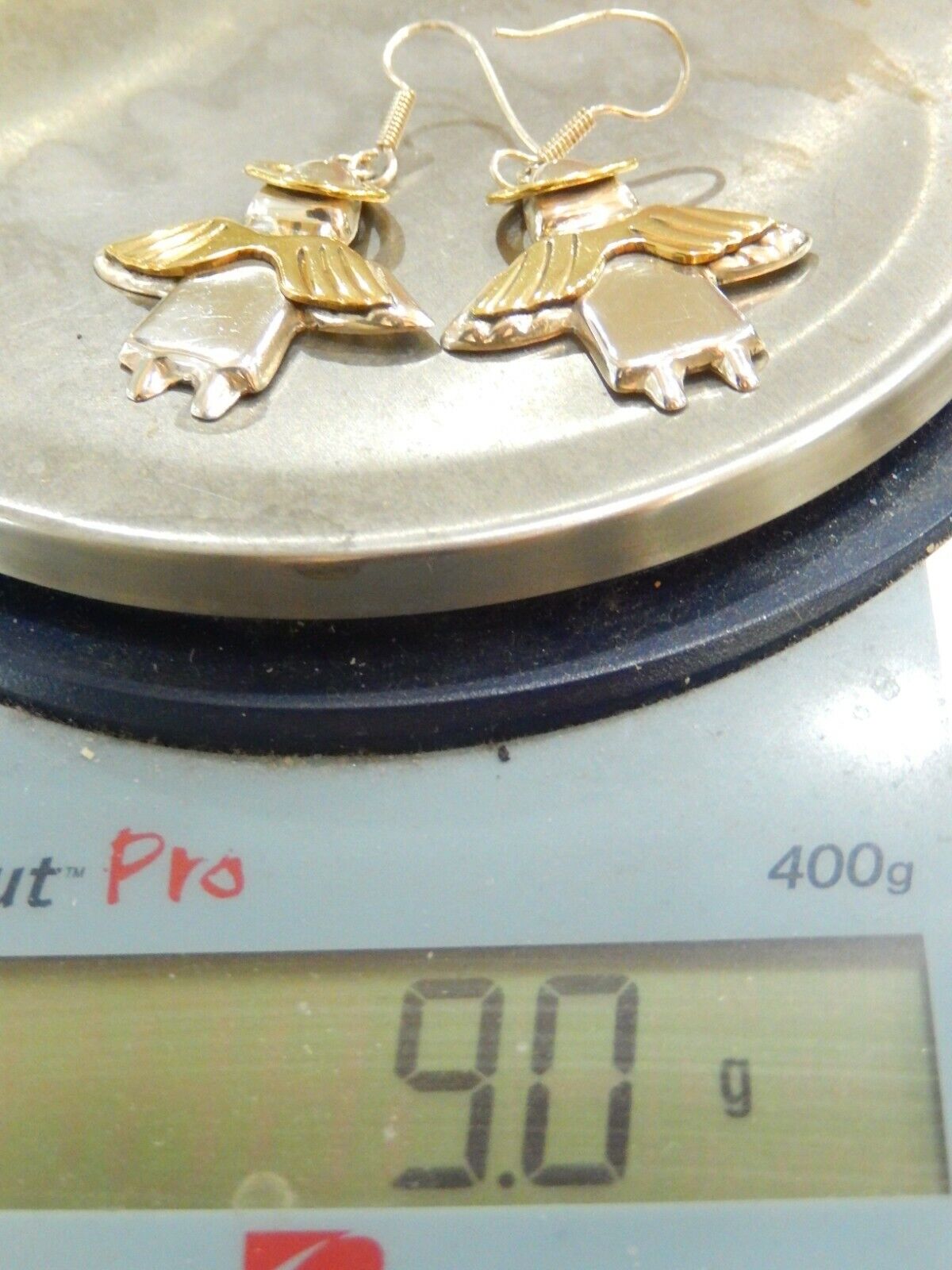 *VINTAGE* STERLING SILVER ANGEL EARRINGS w/BRASS WINGS & HALO 1.5"