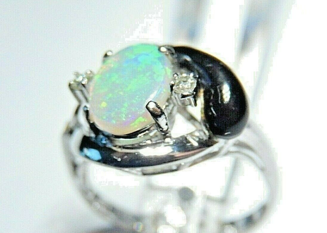 *VINTAGE* 14K White Gold OPAL and Black Onyx & Diamond Ring Size 6.5