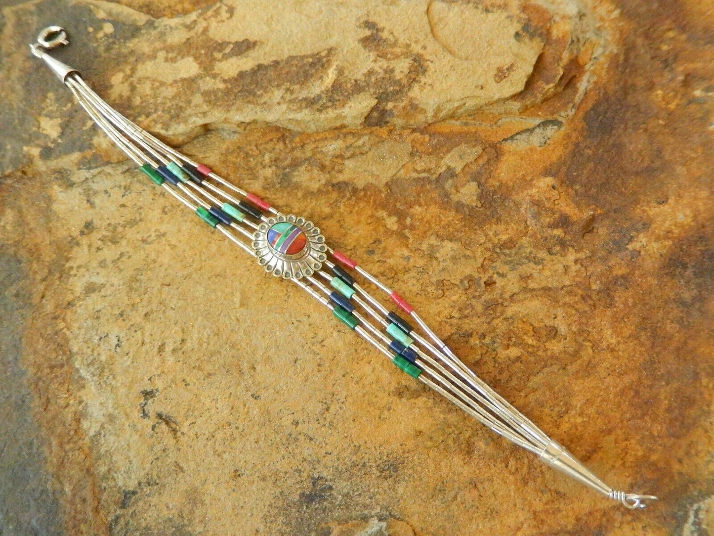 Gemstone 5 Strand Sterling Silver Native Amer. Bracelet Liquid Silver 7"