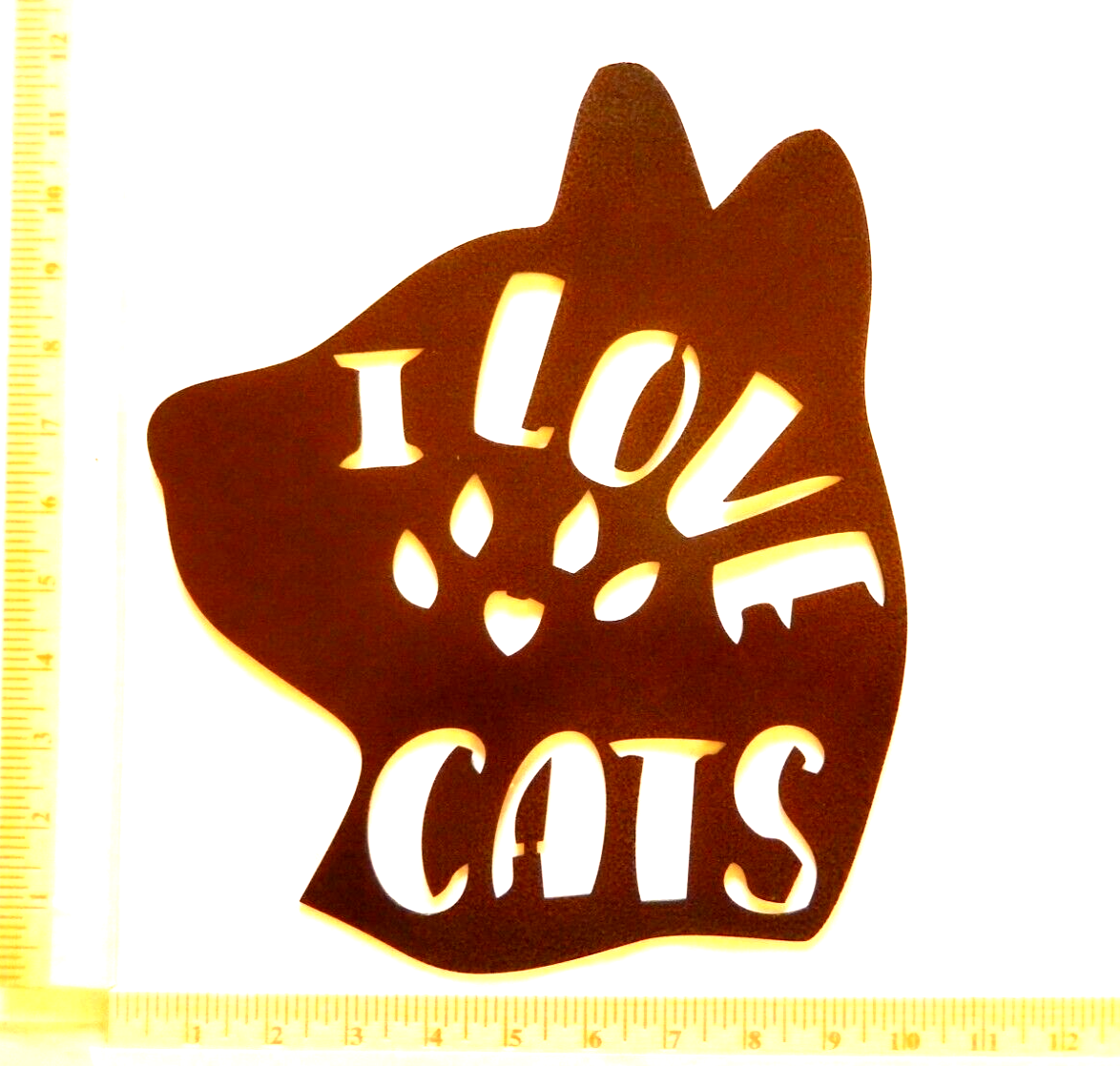 "I LOVE PAW CATS" 14 gauge thick Powder Coated Copper Tone Metal Wall Art 12"x10