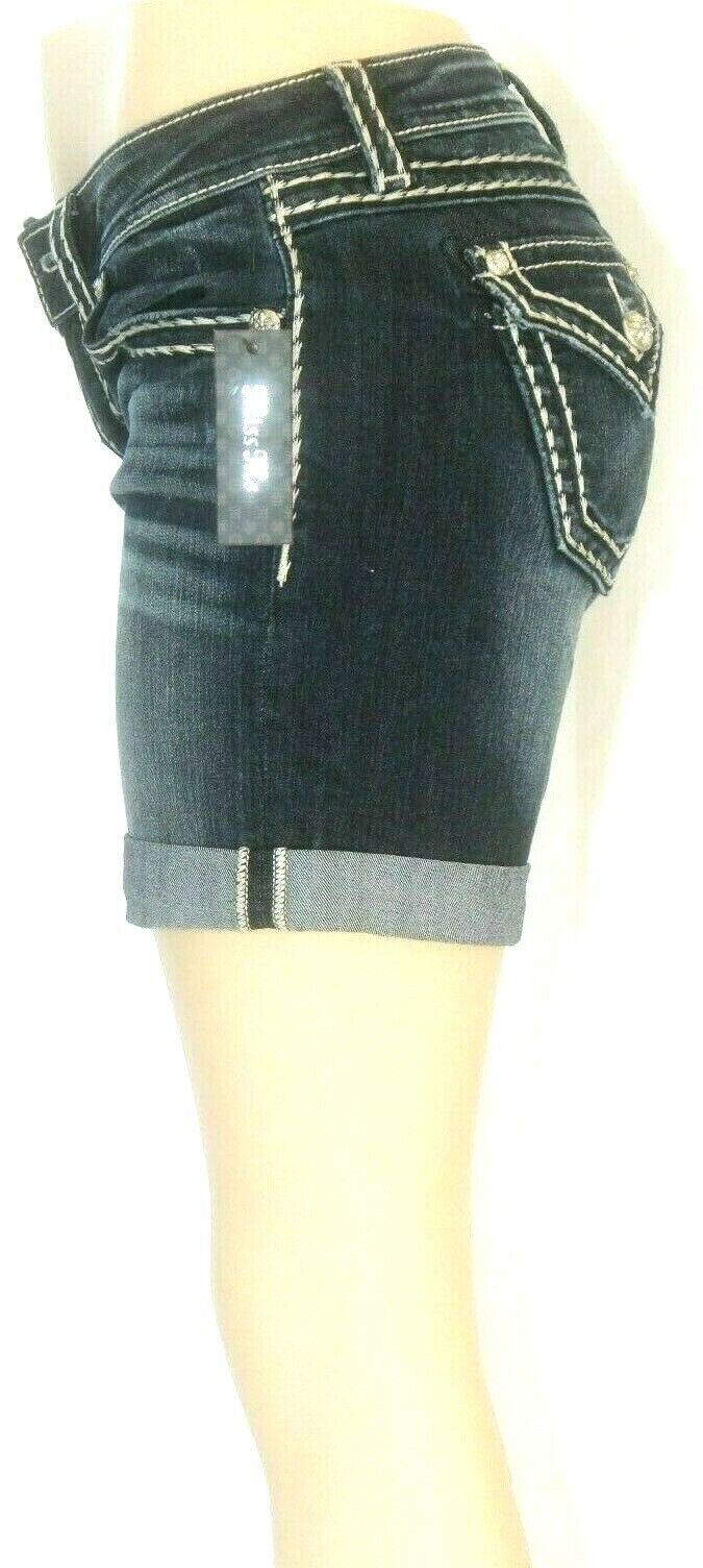 NWT*Miss Me Women's Thick Stitched Mid Rise Dark Wash Mid Thigh Shorts JY5014D58