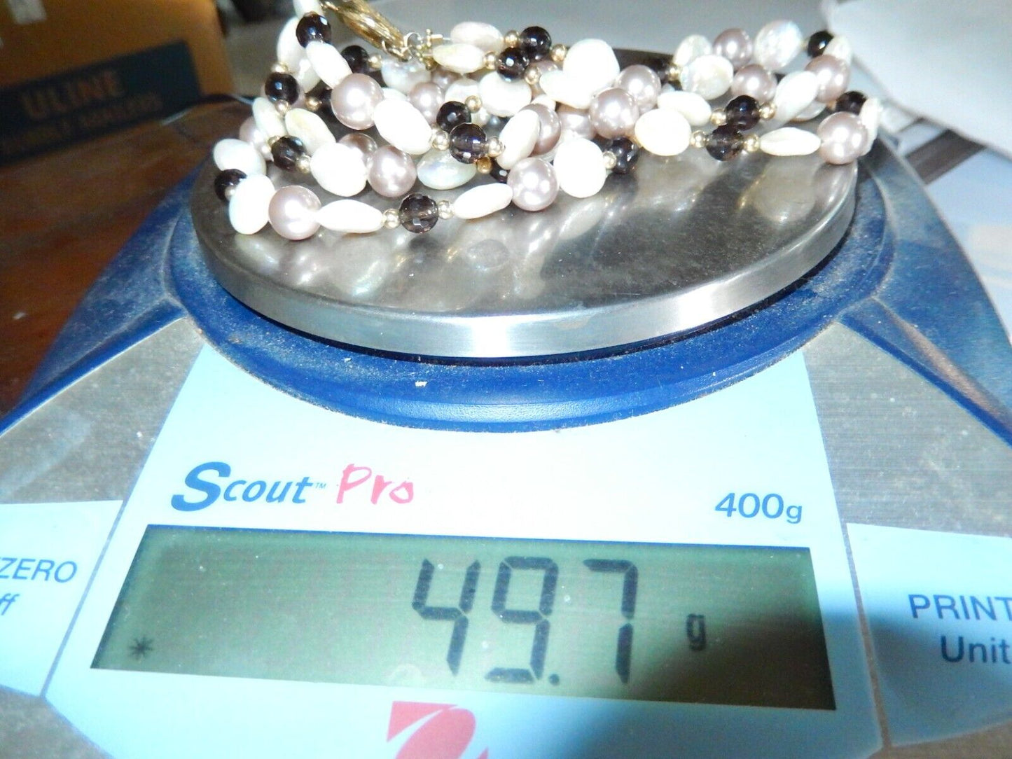 *VINTAGE* 9.50mm Flat Coin Pearl & Smoky Quartz Beads & Gold Beads Necklace 16"