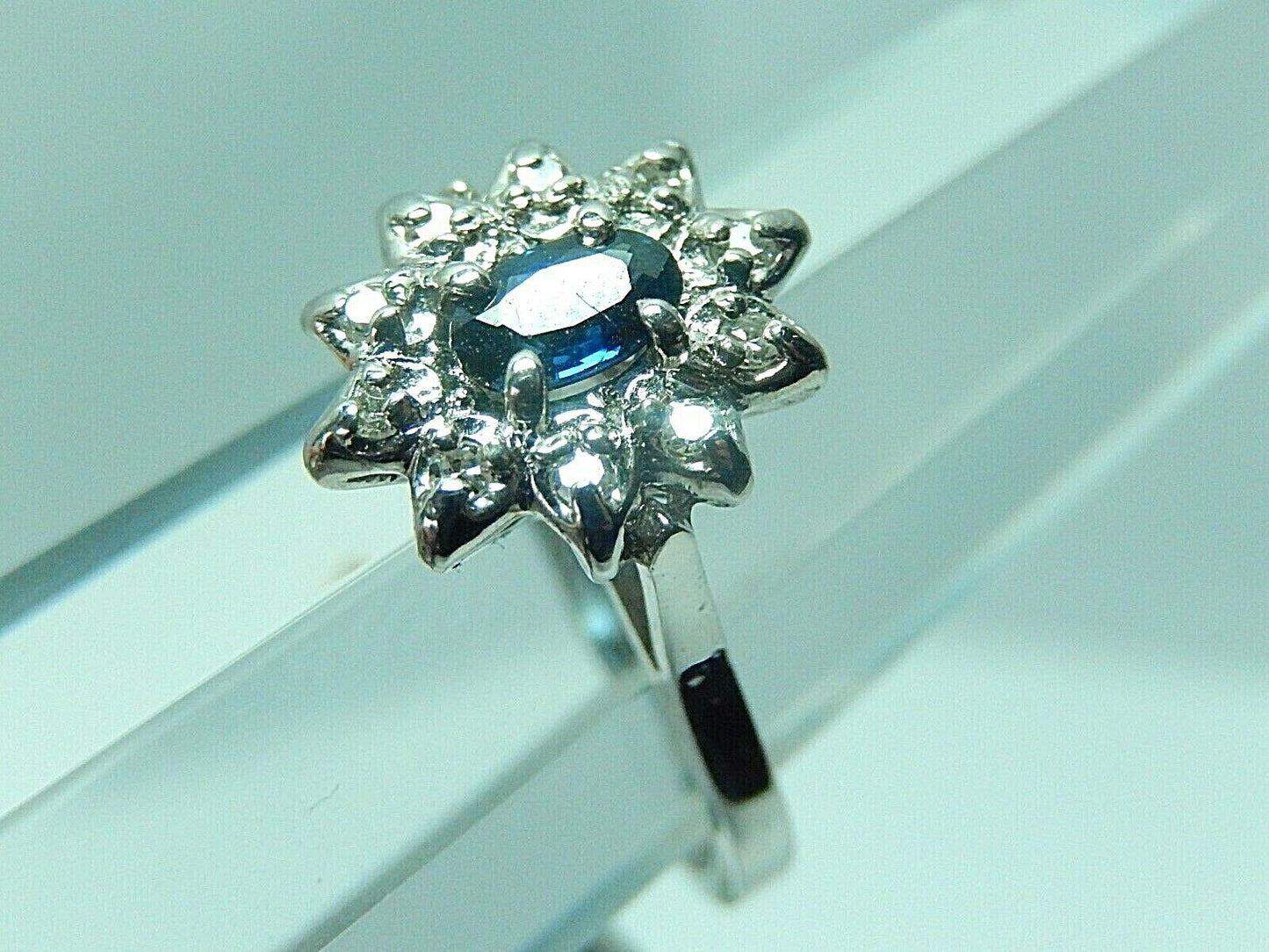 14K White Gold Oval Cut Natural Blue Sapphire & Diamond Halo Ring Sz 5.5