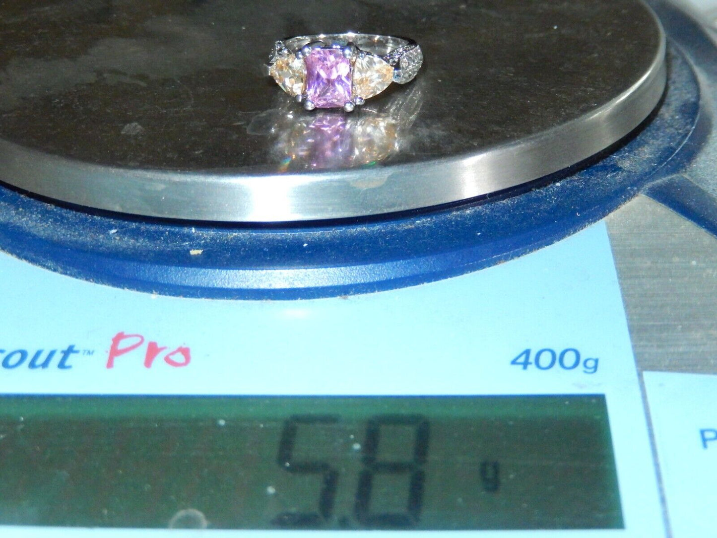 Radiant & Triangle Cut Pink Cubic Zirconia Engagement Ring Sterling Silver Sz 7