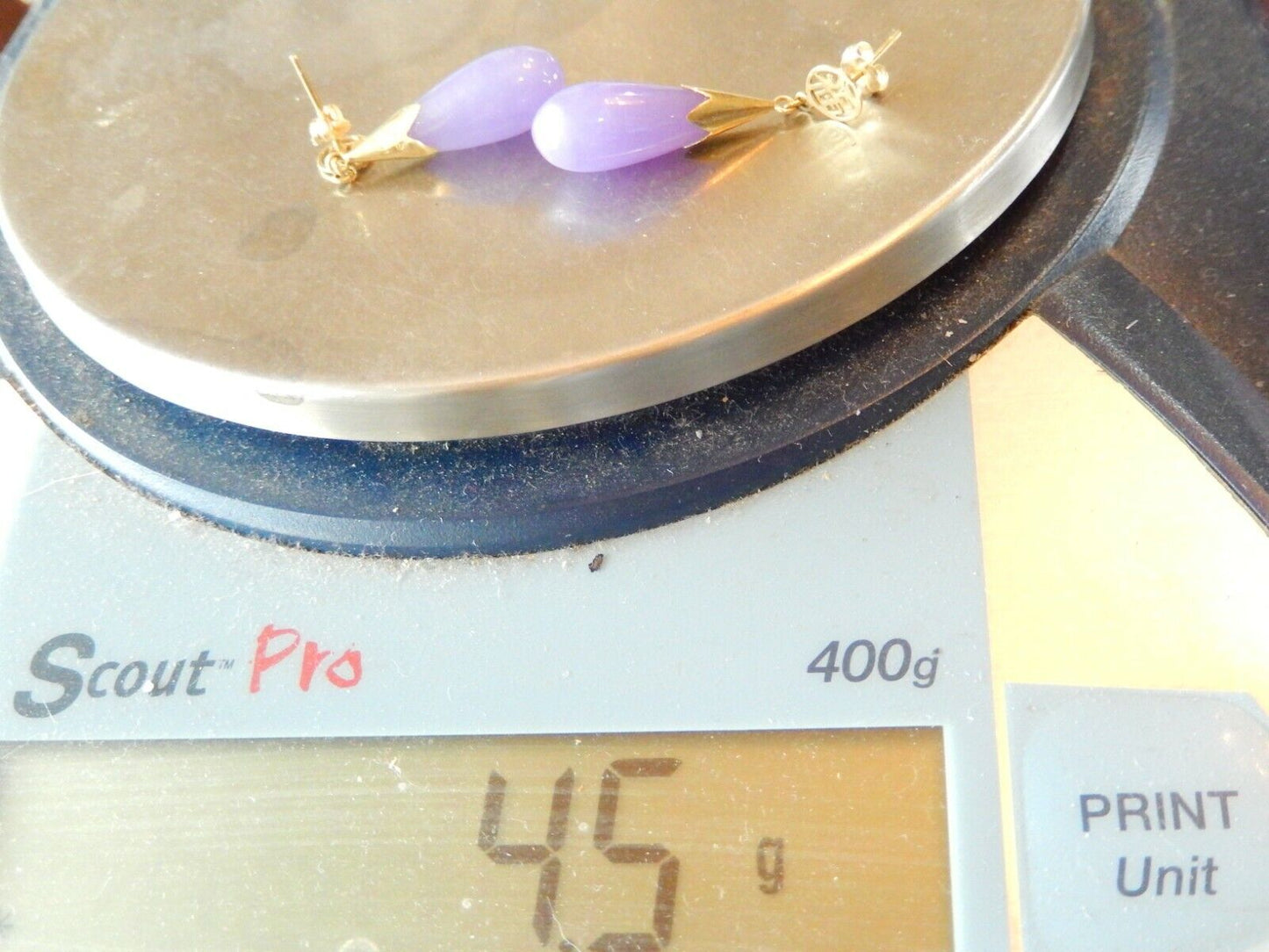*VINTAGE* 14k Yellow Gold HAPPINESS Chinese Symbol Amethyst Dangle Earrings