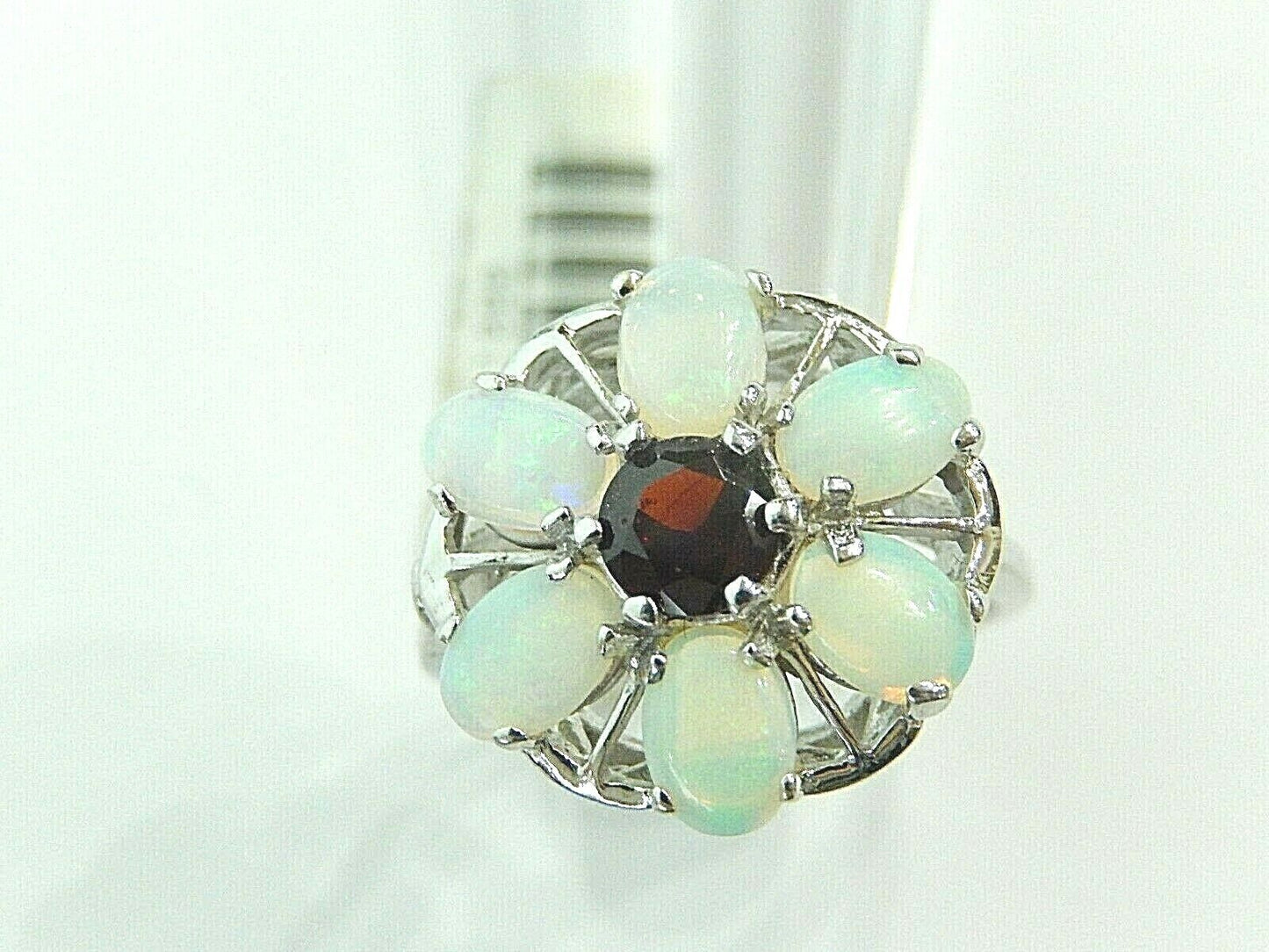Luxury 14K White Gold Womens 3CT Fiery Opal & Garnet Cluster Ring Sz 8.75