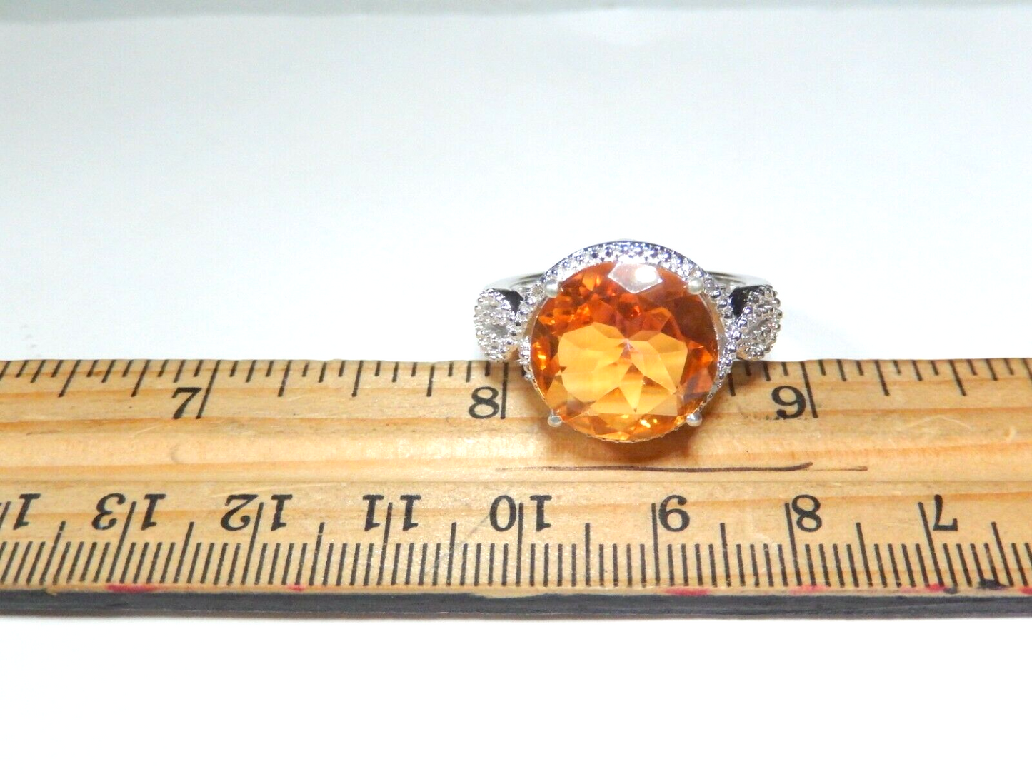 Sterling Silver 9.50 CT Round Citrine & Diamond Ring Size 10.5