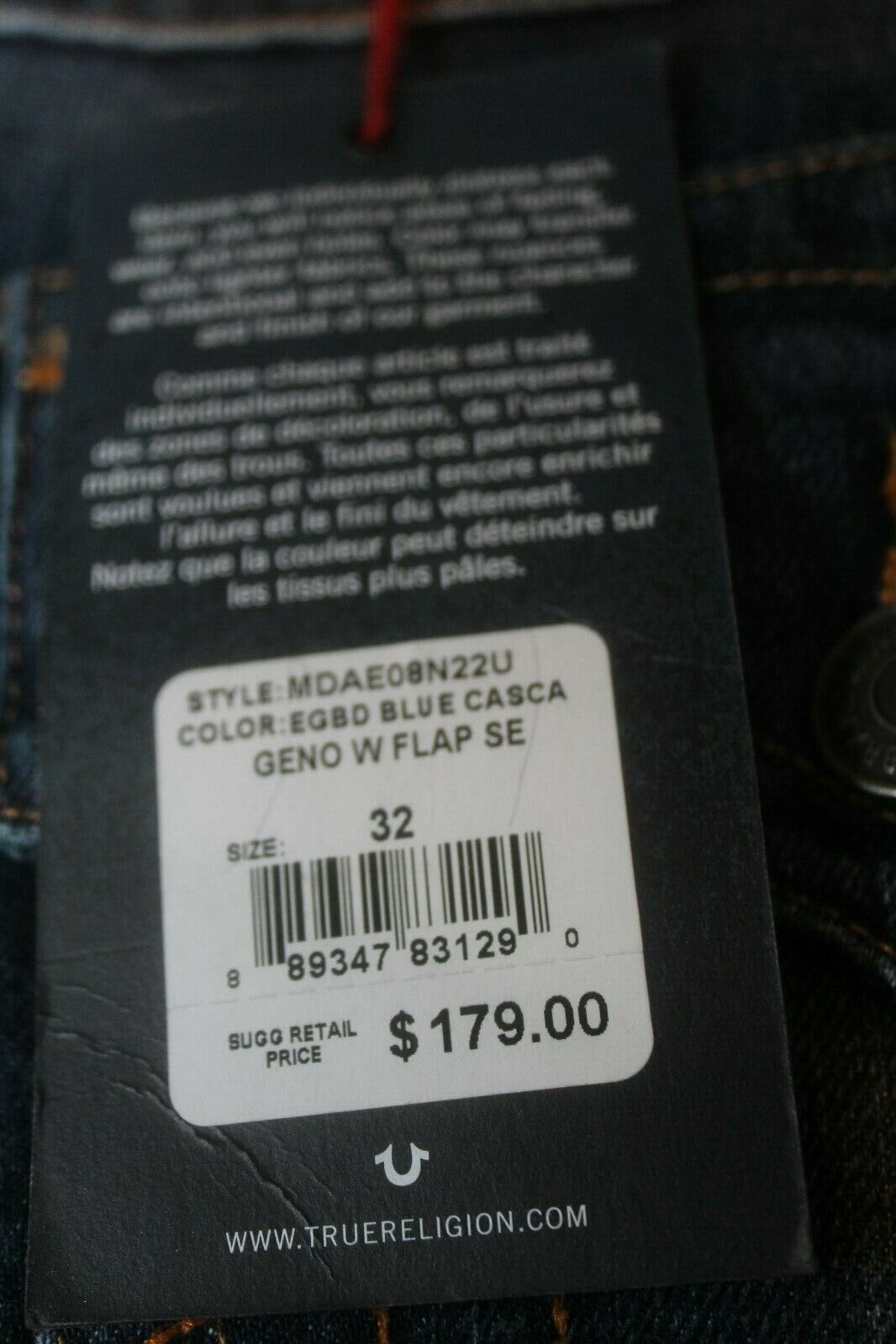 *NWT* True Religion Mens Geno Relaxed Slim Jeans W/ Back Flap Pockets W32 x L32