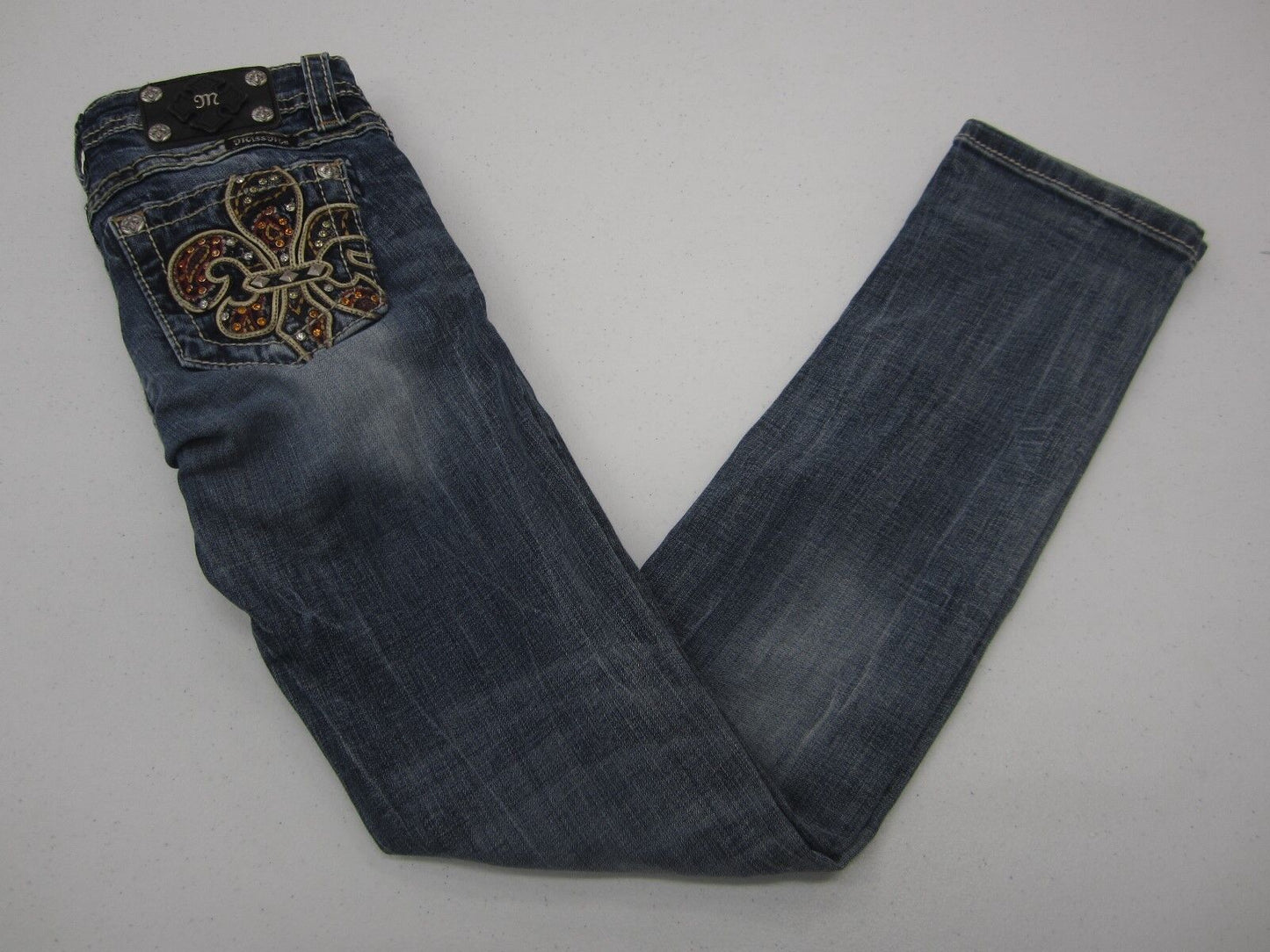 NICE Miss Me Girls Skinny Jeans Fleur De Lis JK5897S4 Multi Colored Gems Sz 12