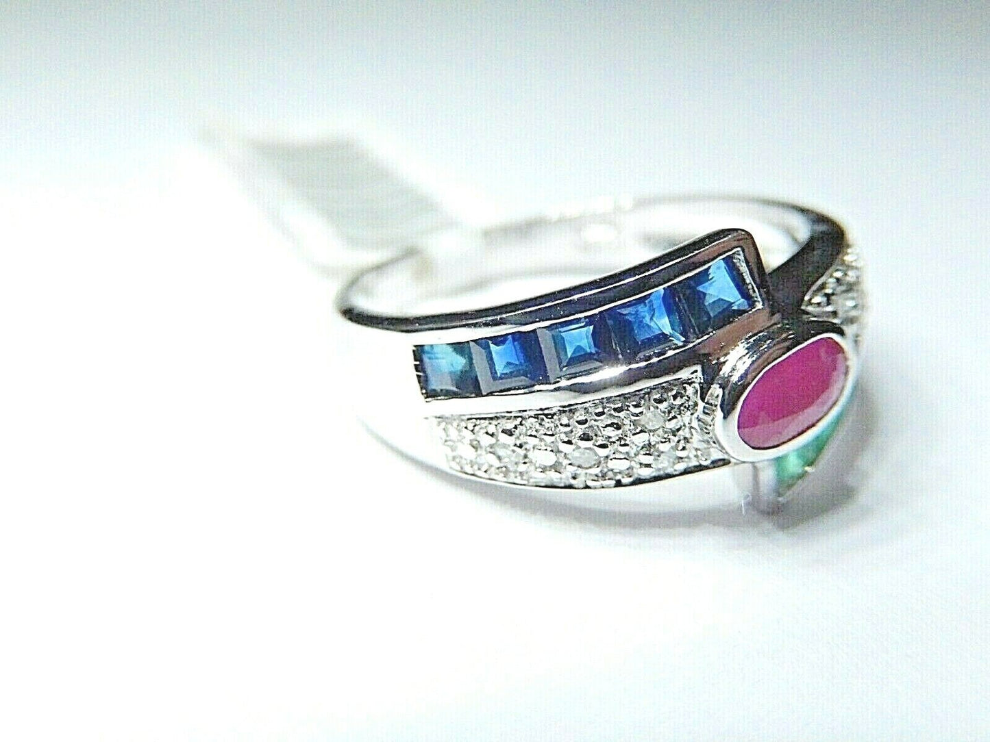 *NWT* 14K White Gold Natural Sapphire Emerald Ruby & Diamond Ring Band Sz 6.75