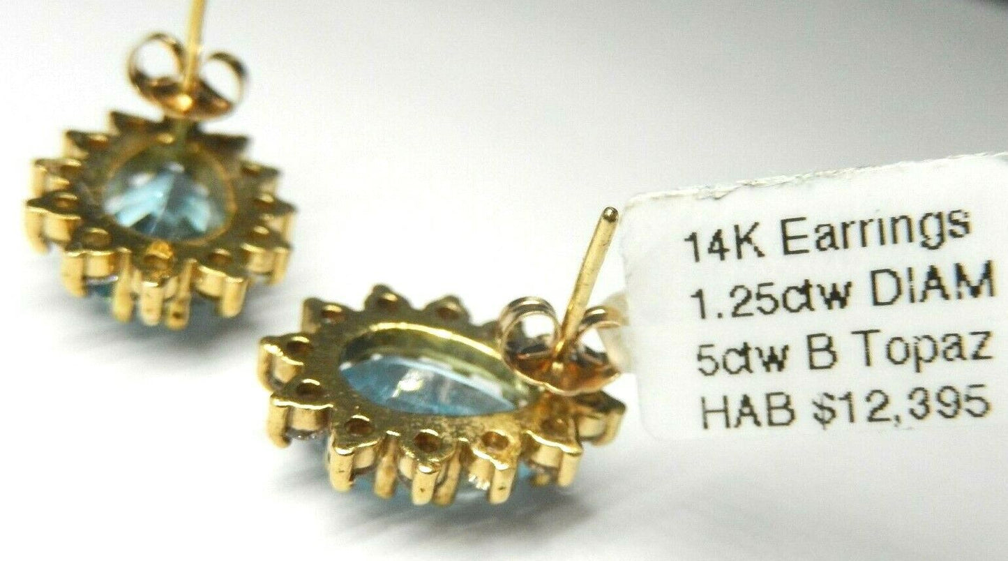 *LUXURY VINTAGE* 14K YG 5CT Pear Swiss Blue Topaz & 1.25CT VS Diamond Earrings