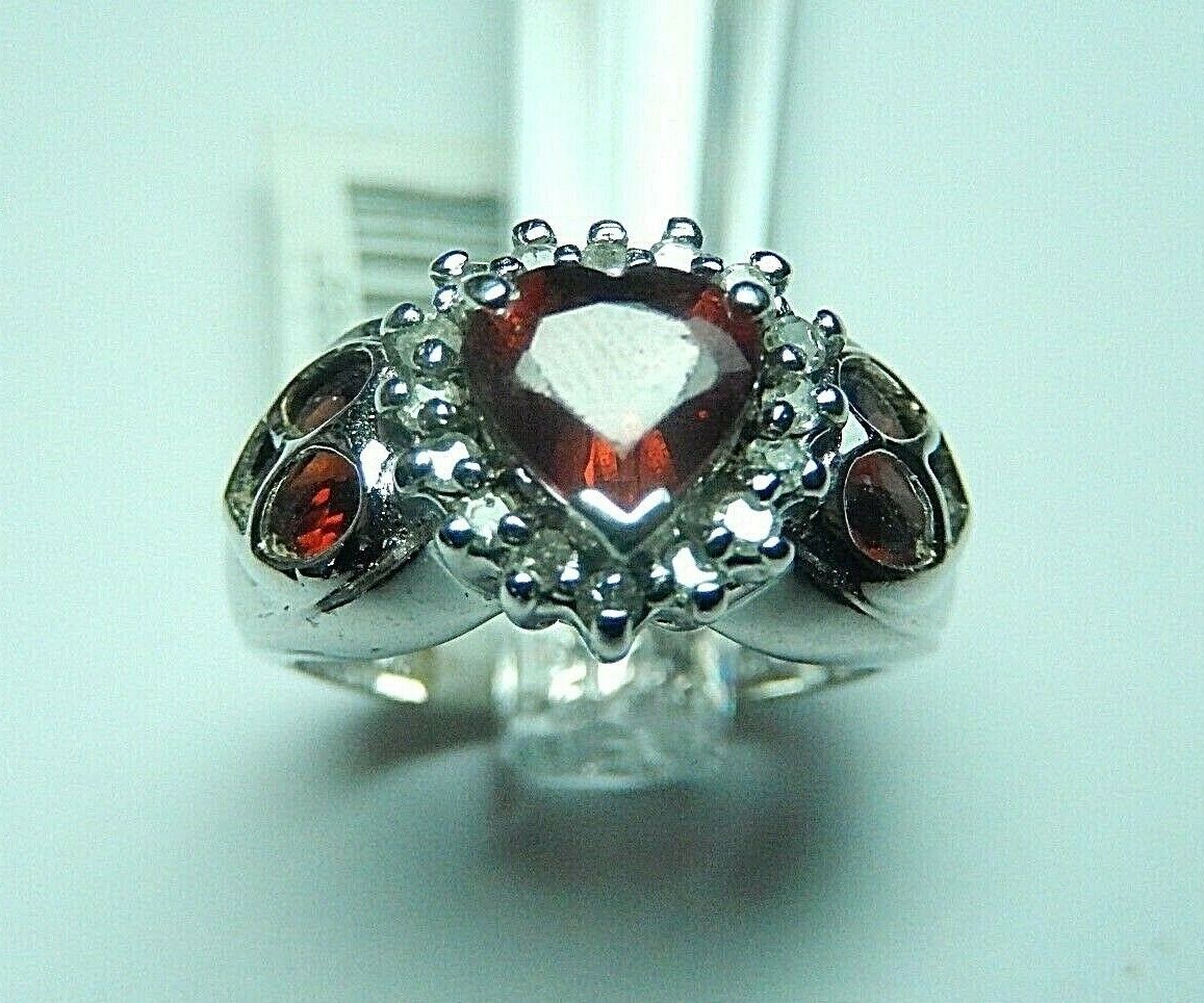 3.20 TCW Heart Cut Red Garnet & Diamond Halo Ring 10k White Gold Size 6.75