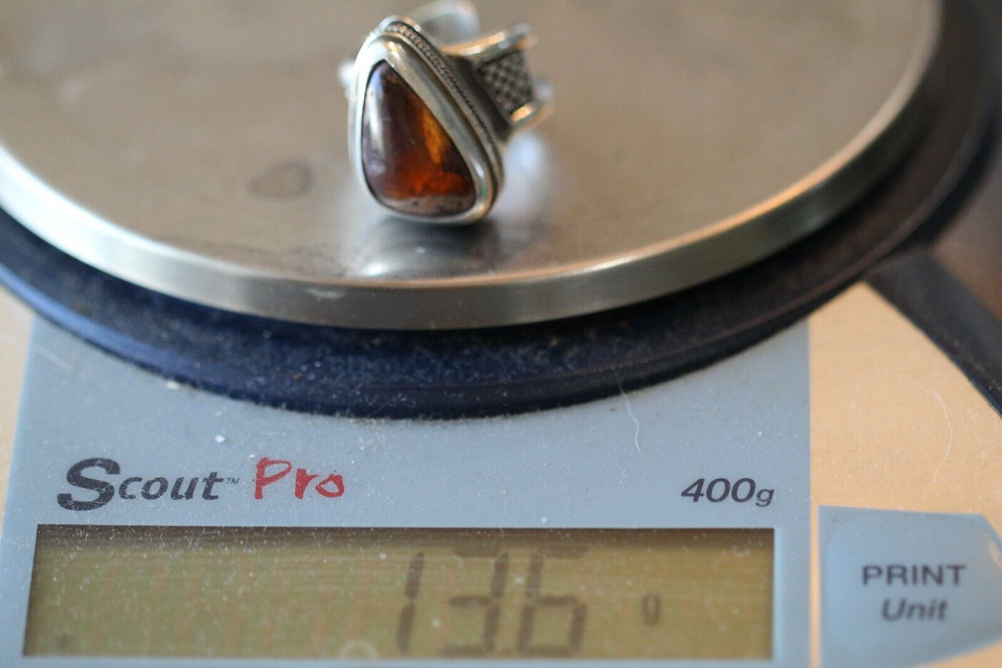 *VINTAGE* NATIVE AMERICAN NAVAJO SIGNED STERLING SILVER AMBER RING ADJUSTABLE SZ