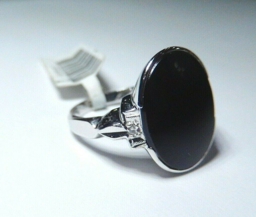 *VINTAGE* 14k White Gold Large 5.00 CT Oval Black Onyx & Diamond Ring Size 6.25