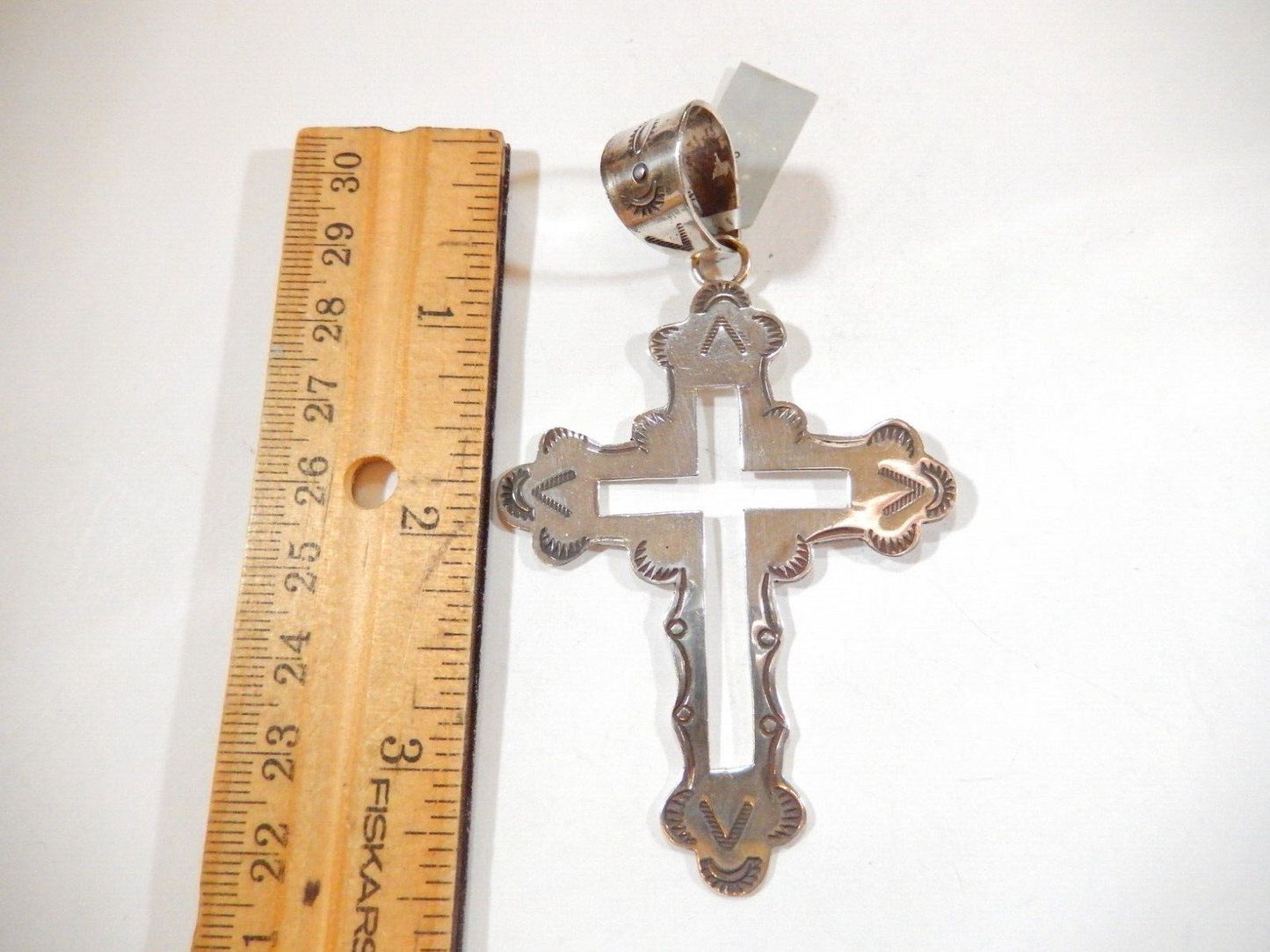~VINTAGE* Sterling Silver Navajo Artist "BB" Stamped Cross Pendant LARGE 3.5"