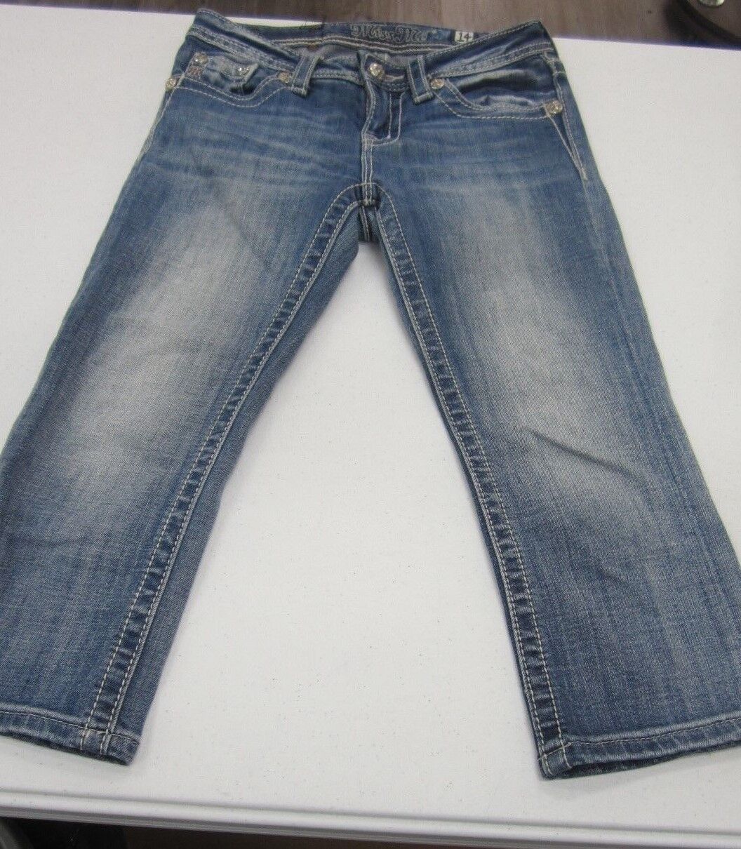 MISS ME GIRLS JK5772P DENIM CAPRI JEANS THICK STICH EMBELLISHED CROSS Sz 14x19.5