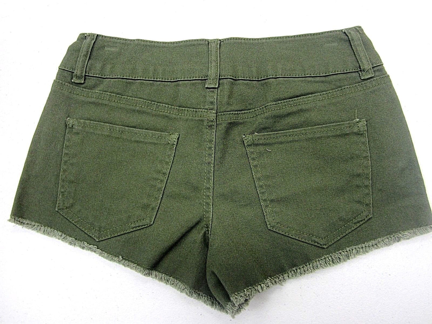 NWT Refuge Denim Mid Rise Shortie Shorts Olive Green Fringe Hem Size 0 x 2"L