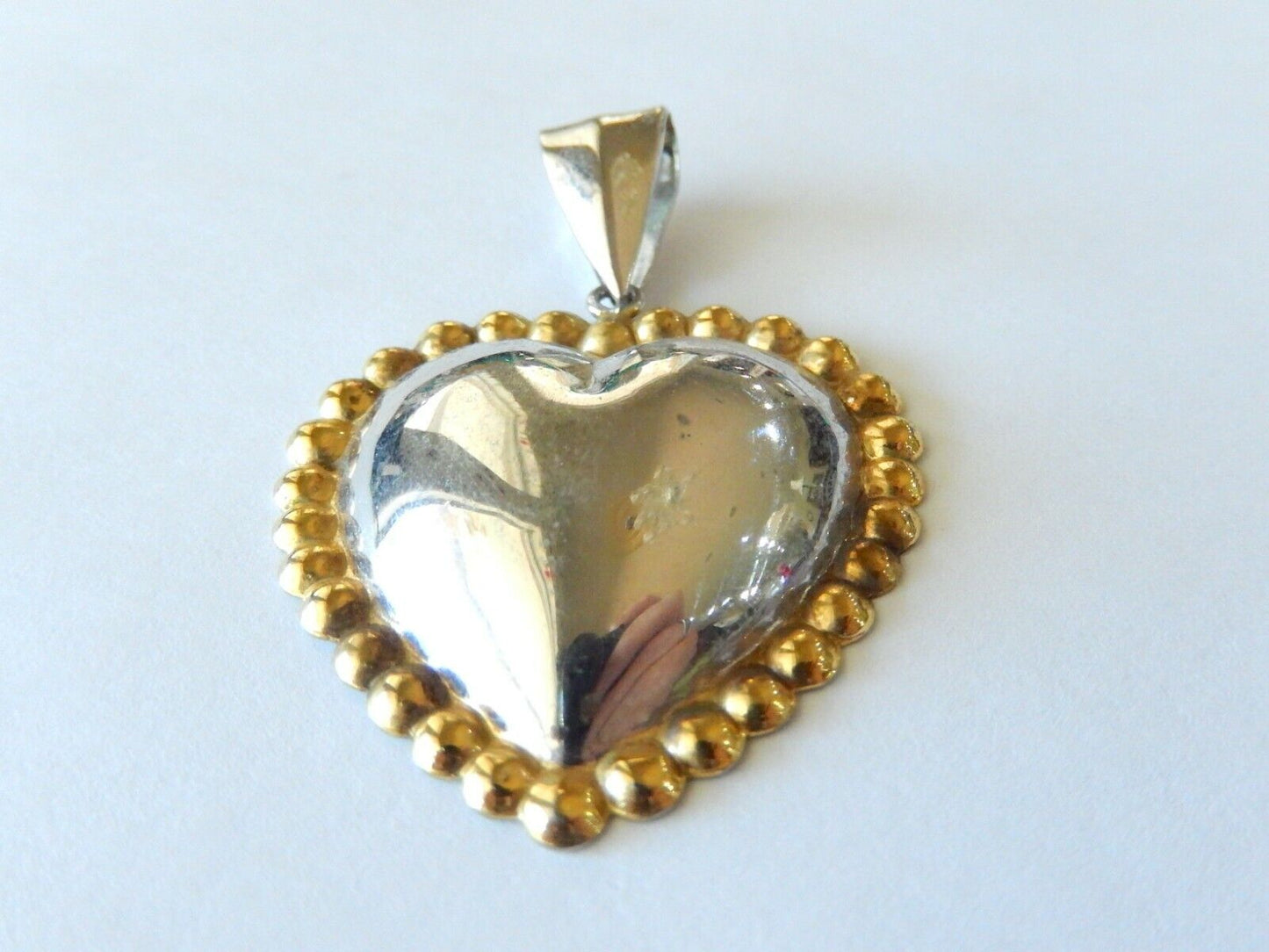 *VINTAGE* Sterling Silver .925 Gold Tone Beaded Trim Heart Pendant 1.5" x 1.5"