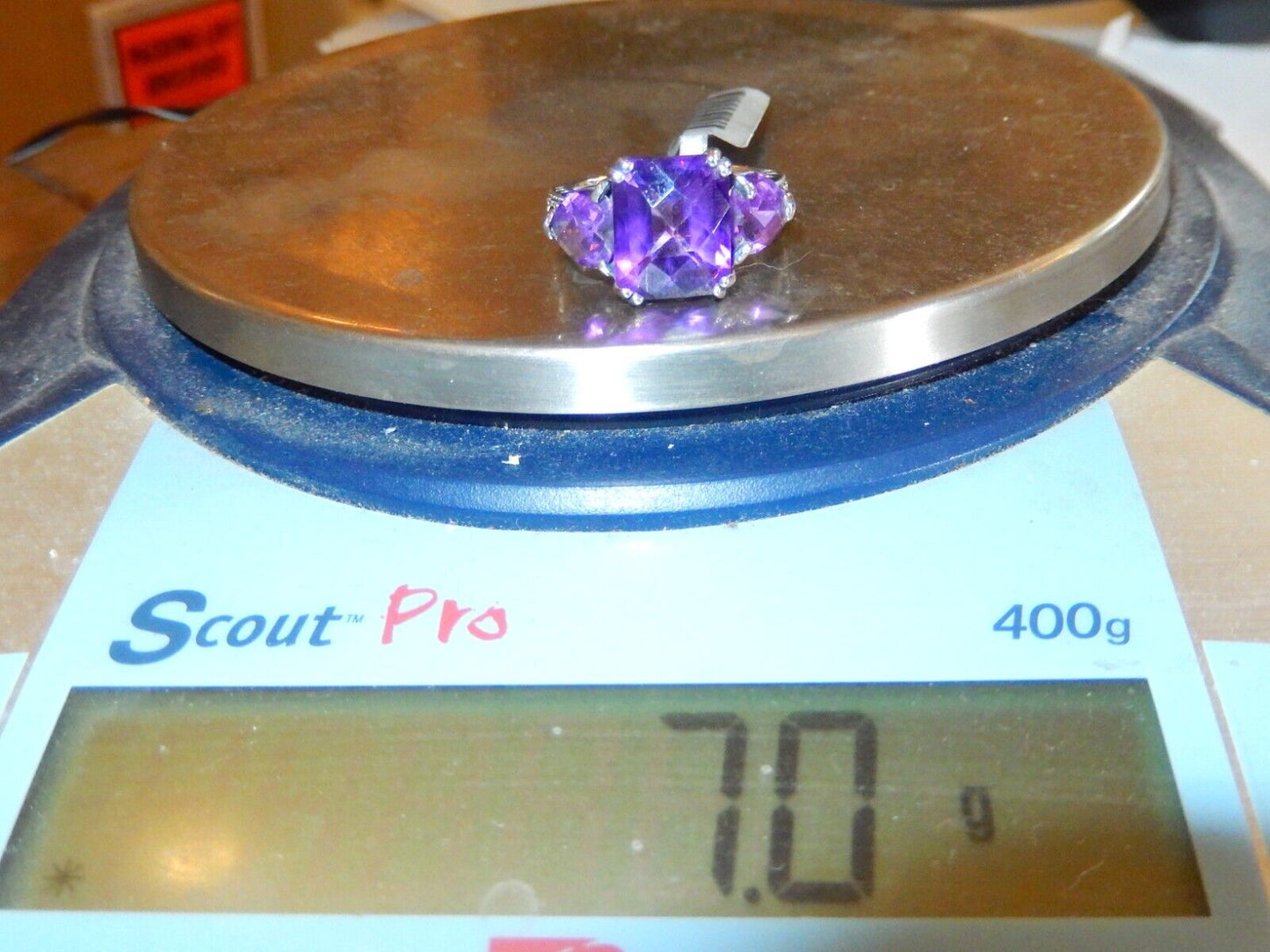 *VINTAGE* Sterling Silver 8.00 CT Checkerboard Amethyst Three Stone Ring Size 7