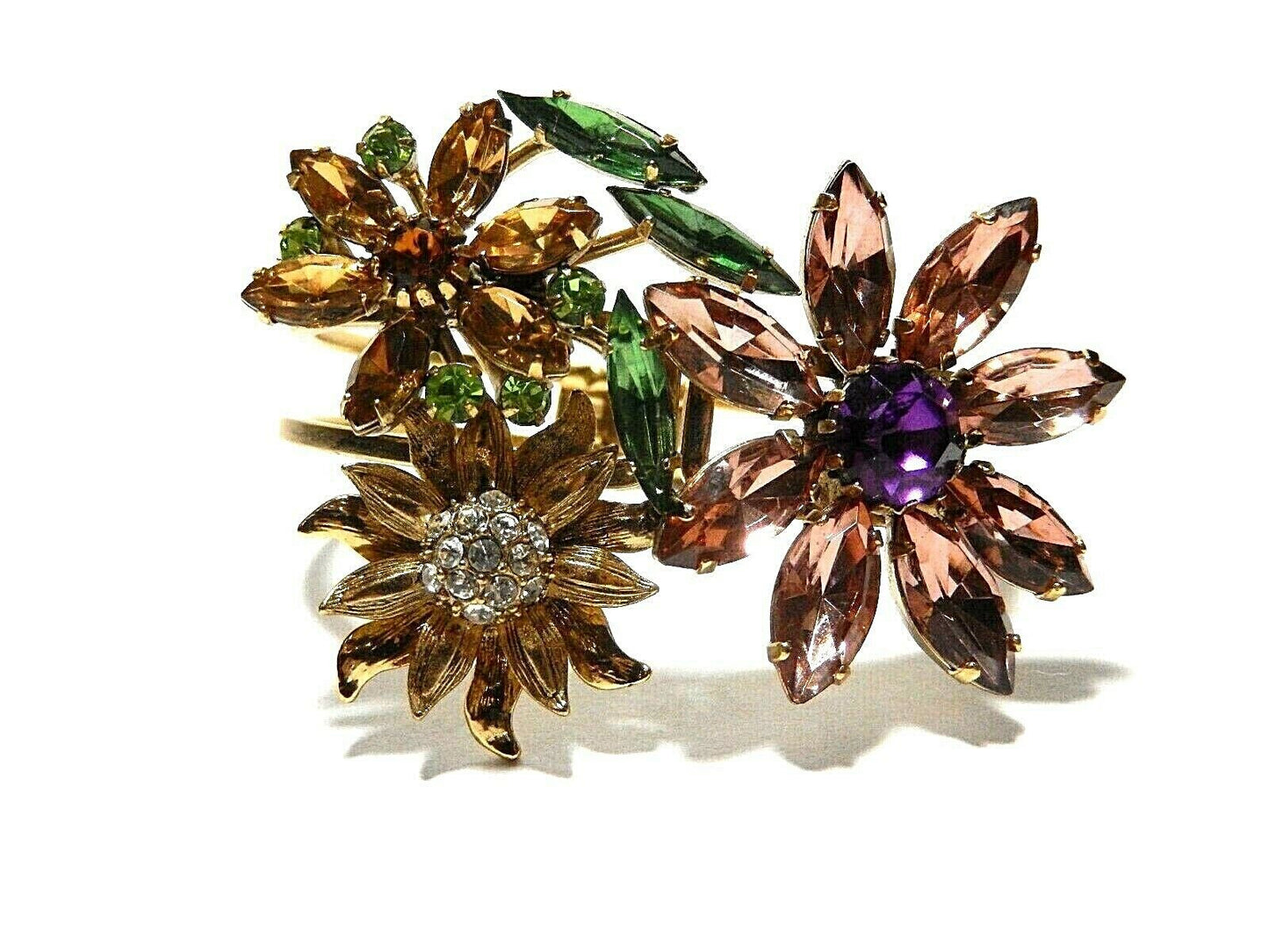 *NEW* Fossil Rhinestone Flower Gold Tone Hinge Cuff Statement Bangle Bracelet